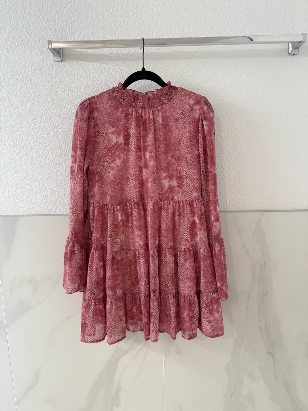 Altar'd State Rose-Tone Smocked Tiered Long Sleeve Mini Dress